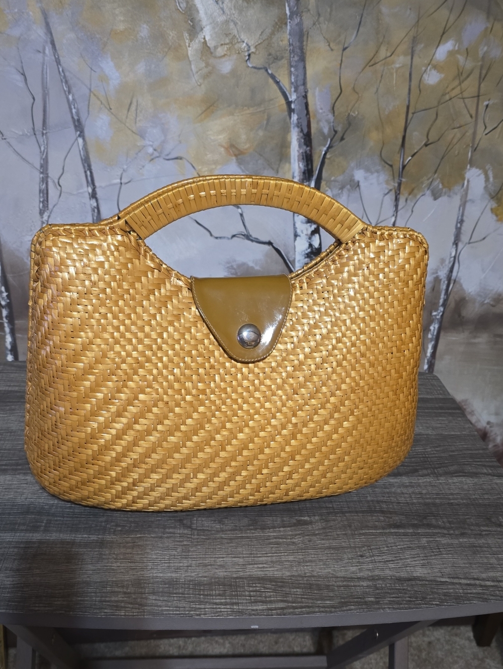 Vintage Large Susan Gail Woven Handheld Straw Tote Bag in Mustard